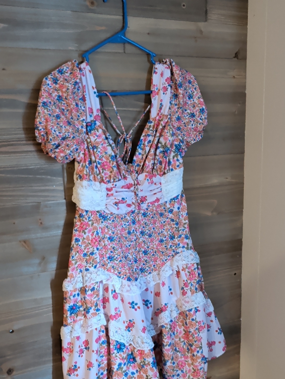 Floral Pink Midi Dress with Lace Trim